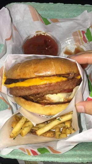(Blurry pic of the bbq burger and fries) at Burger Patch in Sacramento