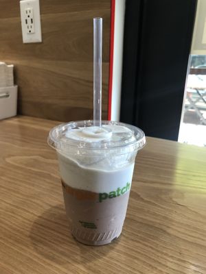 Thick milkshake - available in chocolate, vanilla, or half and half like shown here at Burger Patch in Sacramento