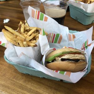 “Chickn” burger and fries  at Burger Patch in Sacramento