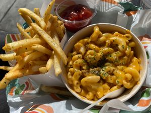 Mac n cheeze with beyond sausages  at Burger Patch in Sacramento