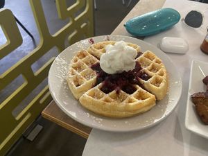 Vegan waffles, vegan toppings   at The Leisure Club in Pensacola