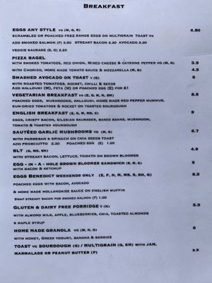 Menu at Snug Art Cafe in North London