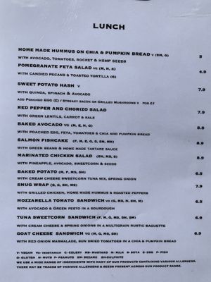 Menu at Snug Art Cafe in North London