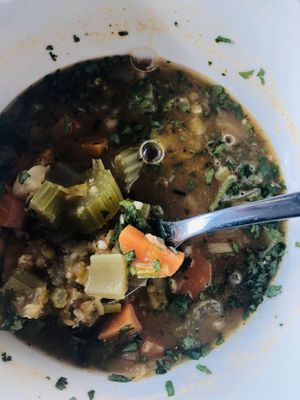 Delicious vegan lentil and veggie soup - I had as a takeaway and warmed up at home. Yum! at Snug Art Cafe in North London