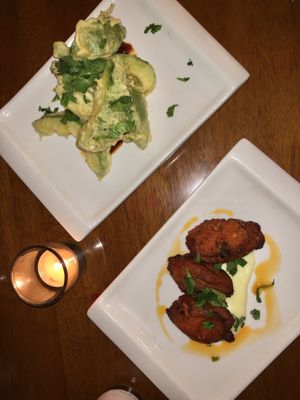 Two entrees: Tempura Avocado and Sweet Potato & Chive Fritter - very nice :-) at Wild Rocket in Montville