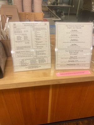 Drink menu at Four Seasons Natural Foods Store in Saratoga Springs