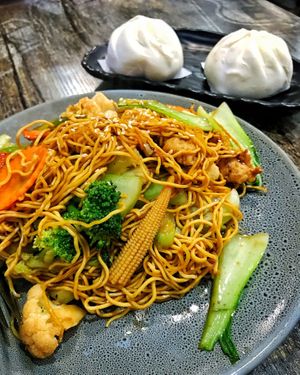 Chow mein and BBQ steamed buns at West End Vegan Restaurant in West End
