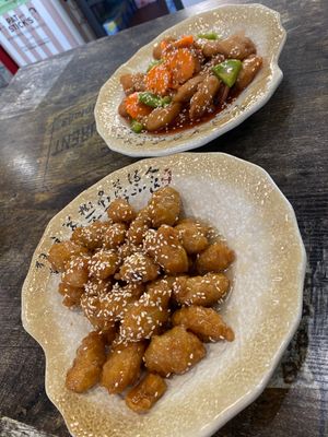 Sweet and sour pork with veggies & lemon chicken  at West End Vegan Restaurant in West End