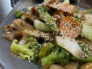 Char kuay tao - deliciously flavoured flat noodles which lots of crisp perfectly cooked veges  at West End Vegan Restaurant in West End