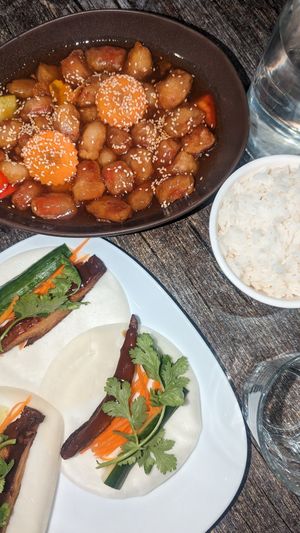 Sweet and sour pork, duck pancakes at West End Vegan Restaurant in West End
