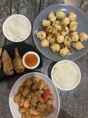 Sweet and sour chick’n,  salt and pepper tofu and drumsticks   at West End Vegan Restaurant in West End