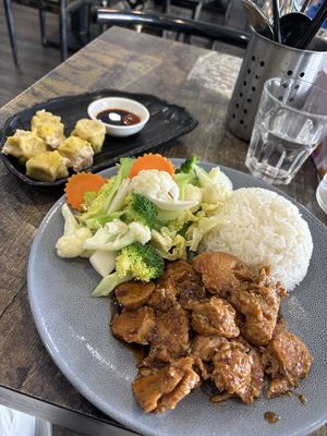 Lemongrass Chik’n with rice and veggies along with the dumplings which were nice but not groundbreaking.  at West End Vegan Restaurant in West End