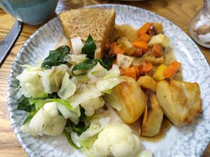 Sunday roast is served until 3. Changes weekly. This week it's a celeriac roast at The Lost ARC in Rhayader