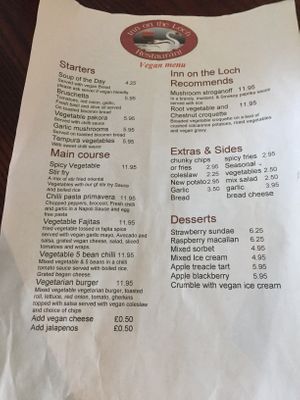 The menu at Inn On The Loch in Lanark