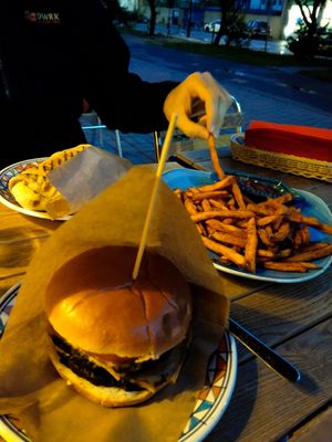 Mango burger, sweet fries and falafel dania. at Mango Vegan Street Food - Zelazna in Warsaw