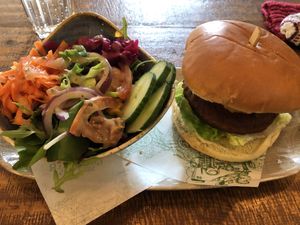 Vegan surf and turf burger with a side salad   at Head of Steam in Durham