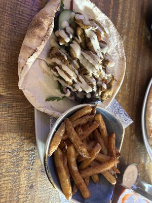 Vegan grilled chicken gyro and chips - delicious   at Head of Steam in Durham