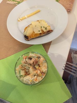 Vegan cheese & apple on toasted campo bread with vegan Ensalada rusa  at Verde Gourmet in Jerez