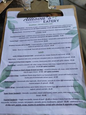 Menu July 2024 at Allison's Eatery in Bury St Edmunds