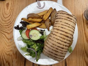 Chickn burger with chips and salad   at Allison's Eatery in Bury St Edmunds