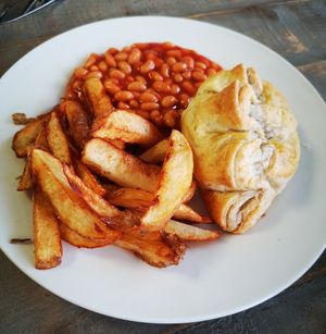 Pasty, chips and beans at Allison's Eatery in Bury St Edmunds