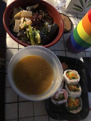 Miso ramen and a vegetable roll. They substituted the broth for the vegetable broth and removed the egg for a vegan option.  at Ikko in Birmingham