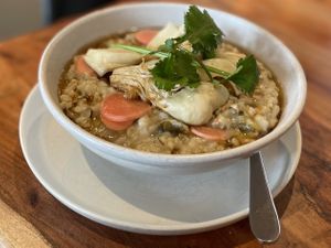 Enoki mushroom risotto, the “soup of the day”.  at Little Lotus Cafe in Hobart