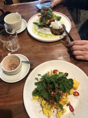 Scrambled tofu and corn fritters  at Little Lotus Cafe in Hobart
