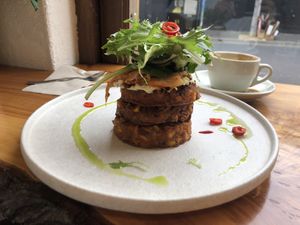 Okonomayaki corn fritters w/ kimchi  at Little Lotus Cafe in Hobart