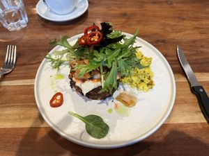 Okonomiyaki Corn Fritters - Vegan and GF  at Little Lotus Cafe in Hobart