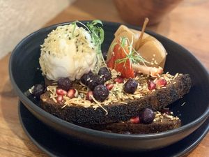 Buckwheat banana bread and vegan ice cream  at Little Lotus Cafe in Hobart