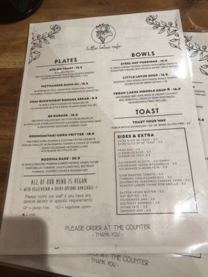Menu as of August 2020 at Little Lotus Cafe in Hobart