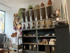 Little corner in the cafe, with local art crafts and a great selection of international coffee beans. at Royal Teas in South East London