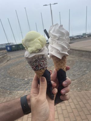 Banana and cookies & cream gelato left, mr Whippy with a dark chocolate stick on the right   at v360 in Brighton