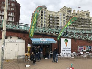 The v360 Plant based Cafe in Brighton between the basket ball pitch and the I360 on the beach level , opposite the Hilton and the Grand hotel. at v360 in Brighton