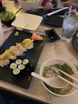 Haiku roll, cucumber roll, vegan wonton soup, and edamame.   at Otani in Mayfield Heights