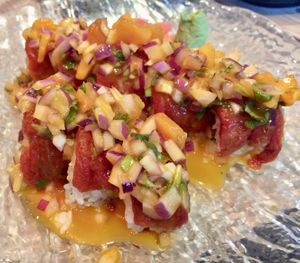 Siesta Roll — heavy on the mango salsa which overpowers the avocado and vegan “fish” but still good. at Otani in Mayfield Heights