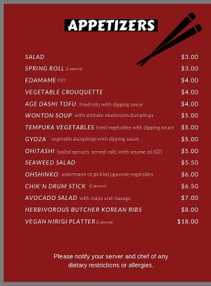 Page 1 vegan menu at Otani in Mayfield Heights