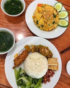 Fried rice, com dia, complimentary soup  at Nha Hang Chay Hieu & Thuong in Qui Nhon