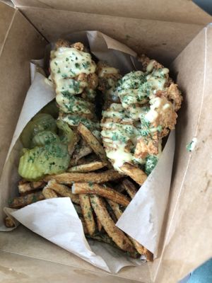 I forgot what these were called but they were really good. Like oyster mushroom fried chicken strips with honey mustard on top! at Vegan Food House in Dallas