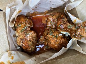 Buffalo citrus cauliflower wings (TRY THESE!) at Vegan Food House in Dallas