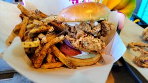 Classic chik'em sandwich (oyster mushroom) with fries at Vegan Food House in Dallas