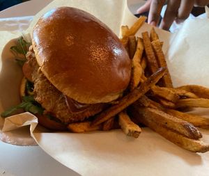 Chicken Fried Seitan Bacon Club Sandwich with fries   at Vegan Food House in Dallas