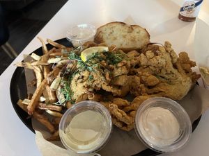 Big Creole Basket With Fried Oyster Mushrooms, Fried Shrimp, Enoki Mushroom, Boudin Ball, Garlic Toast & Fries   at Vegan Food House in Dallas