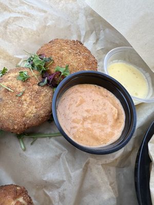 Crab cakes + sauce   at Vegan Food House in Dallas