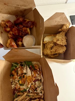 Cauli wings, fried oyster, shrimp tacos  at Vegan Food House in Dallas