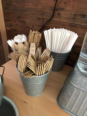 Compostable table ware and paper straws.  at Vegan Food House in Dallas