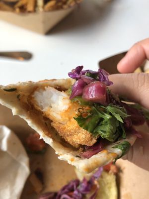 Got the 4 fried swimp tacos! The texture was very close to shrimp. They were seasoned to perfection and came with a side of fries. at Vegan Food House in Dallas
