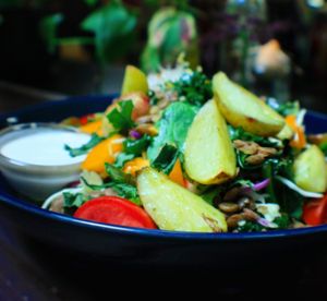 Lunch with potatis, green lentils and hour differents kinds of kale and cabbage.  at Manna Kafé in Malmo