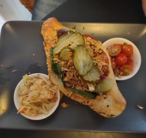 Vegan hotdog at Veggie Vibe Cafe in Blackrock